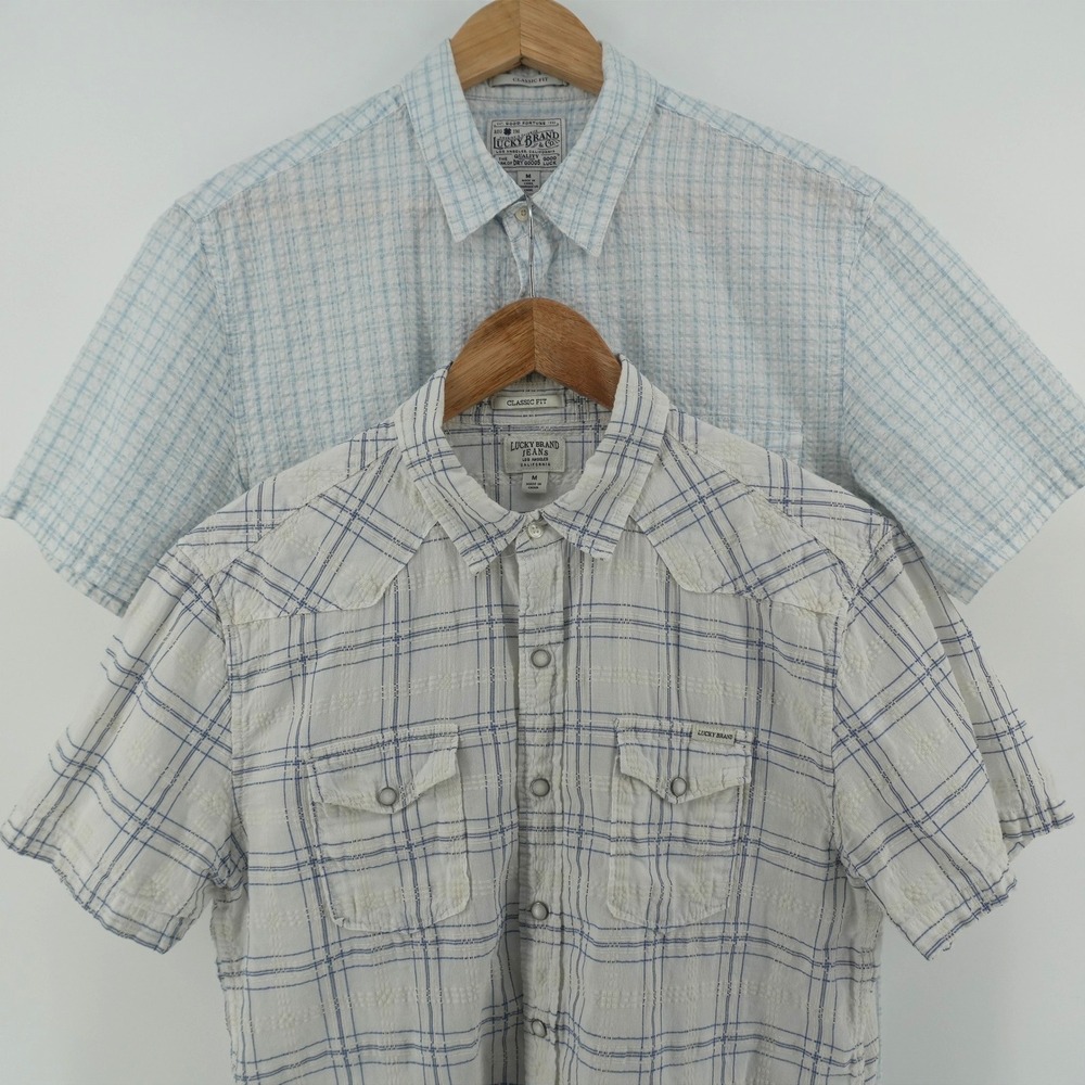 Lucky Brand Button Down Shirt Mens M Blue White Plaid Seersucker Classic Fit 2X